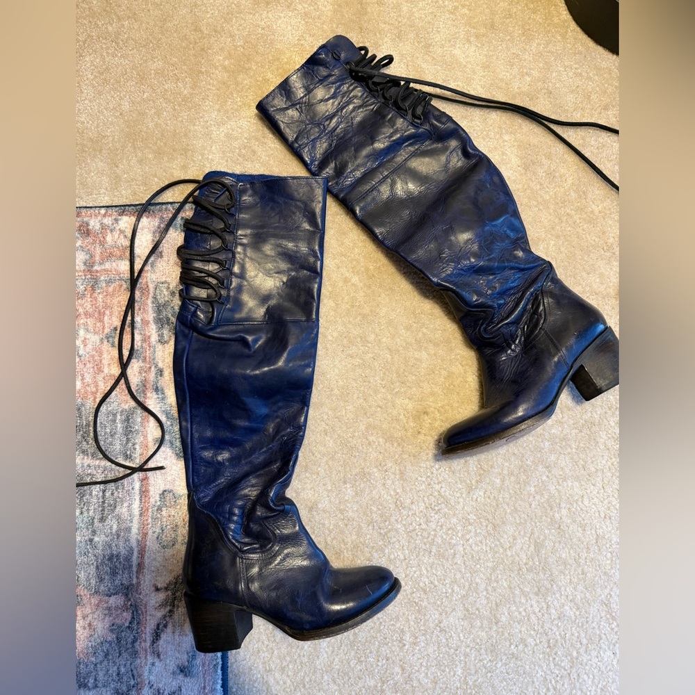Freebird by Steven 100% Genuine Leather ‘Rolls’ Blue Over the Knee Lace Up Boots - Picture 7 of 11